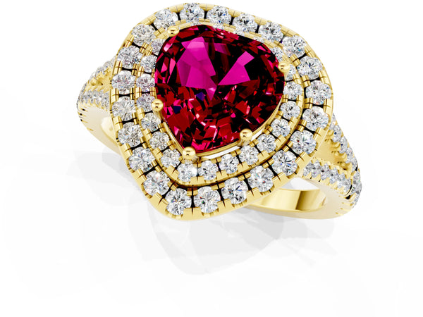 Yellow gold Heart Cut Garnet Double Halo Ring with Pavé Band and Prong Setting