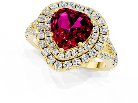 Yellow gold Heart Cut Garnet Double Halo Ring with Pavé Band and Prong Setting_13