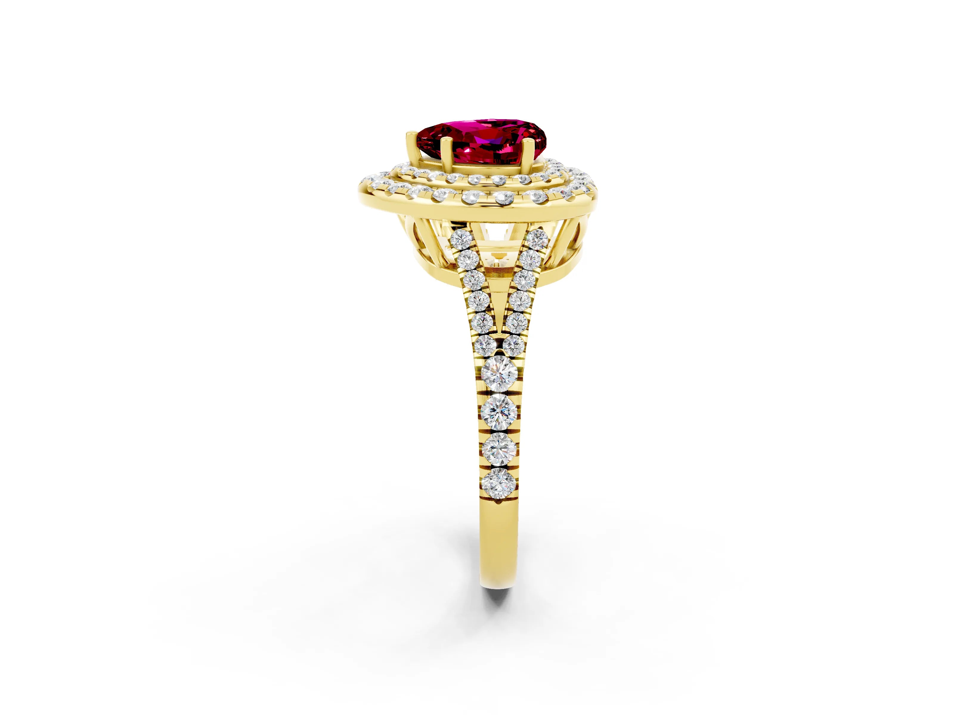 Yellow gold Heart Cut Garnet Double Halo Ring with Pavé Band and Prong Setting_14