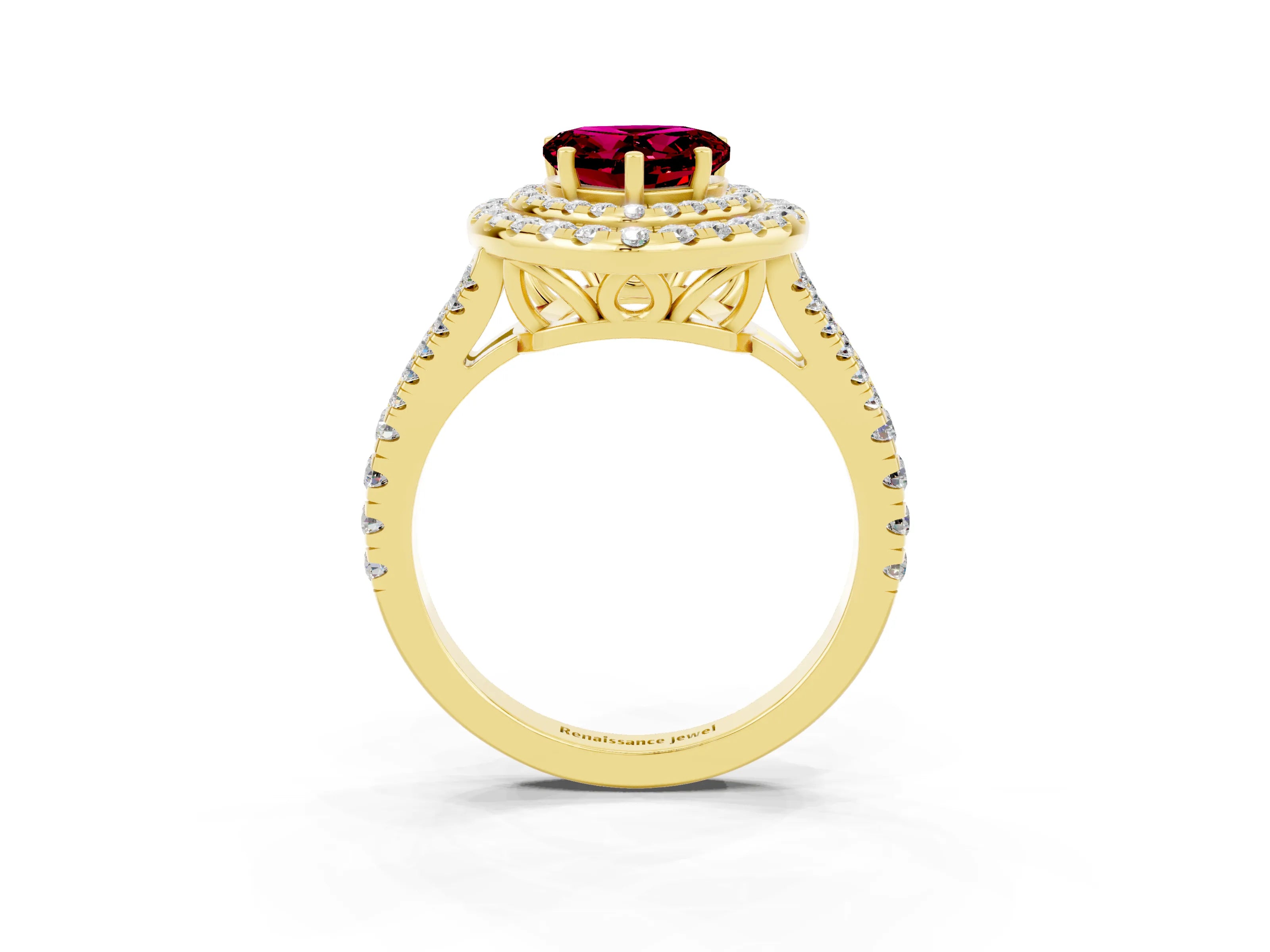 Yellow gold Heart Cut Garnet Double Halo Ring with Pavé Band and Prong Setting_15
