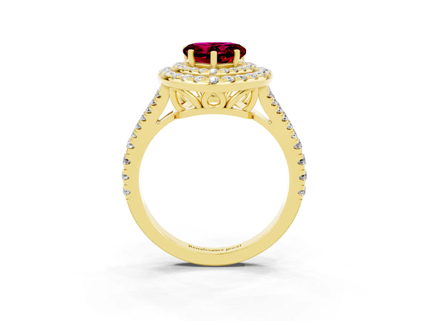 Yellow gold Heart Cut Garnet Double Halo Ring with Pavé Band and Prong Setting