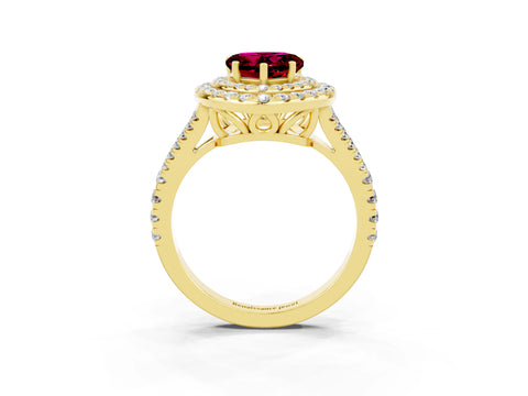 Yellow gold Heart Cut Garnet Double Halo Ring with Pavé Band and Prong Setting_15