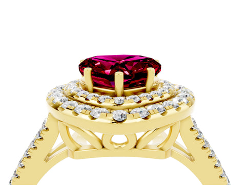 Yellow gold Heart Cut Garnet Double Halo Ring with Pavé Band and Prong Setting_16
