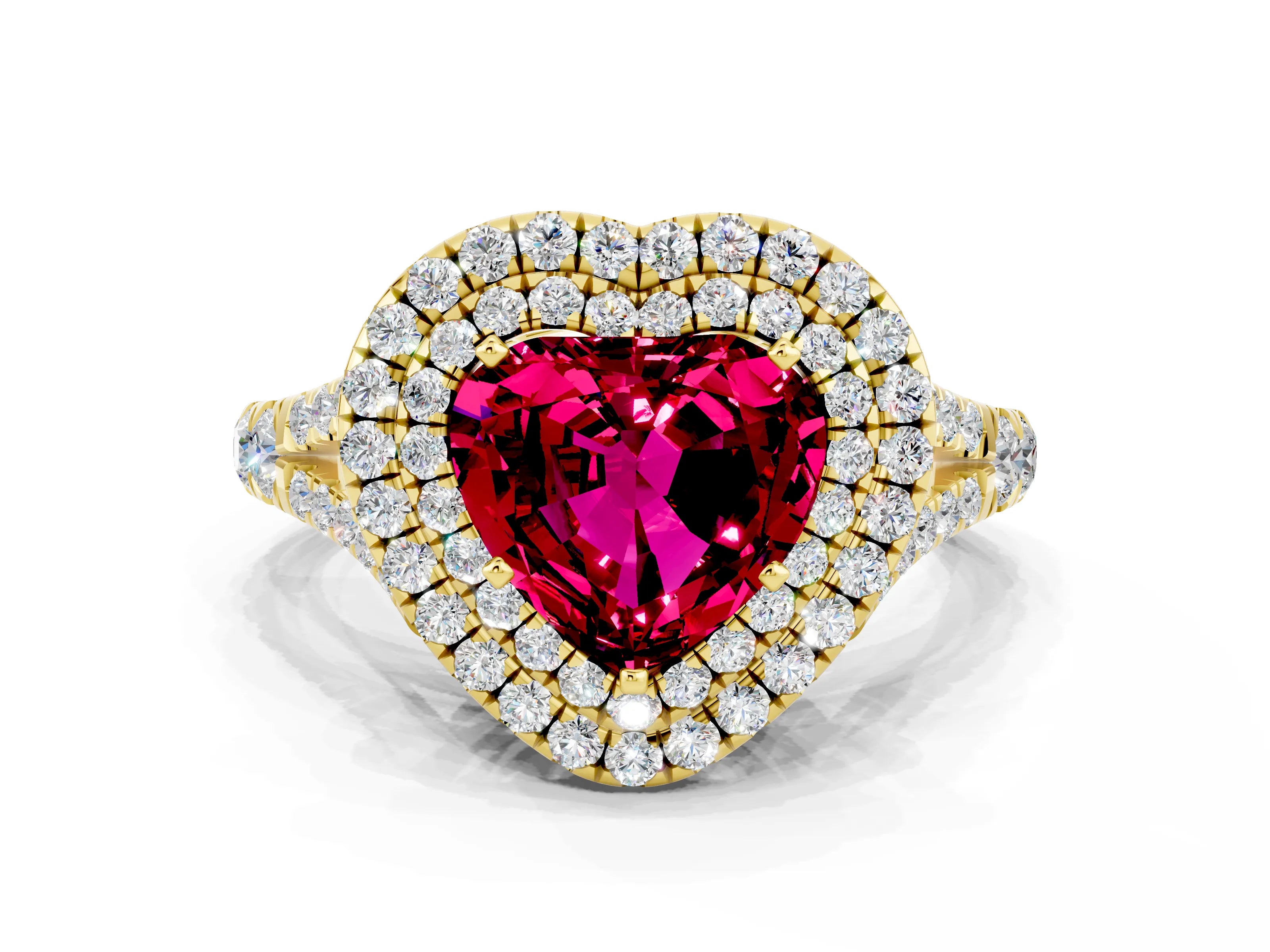 Yellow gold Heart Cut Garnet Double Halo Ring with Split Shank and Prong Setting_12