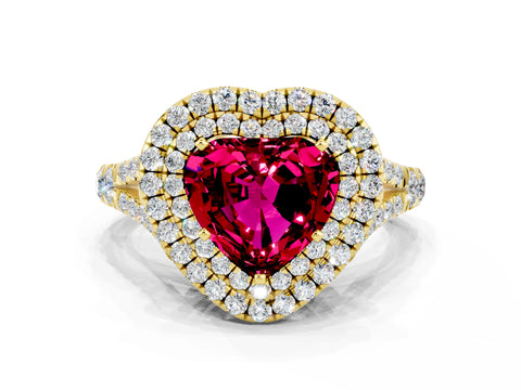 Yellow gold Heart Cut Garnet Double Halo Ring with Split Shank and Prong Setting_12