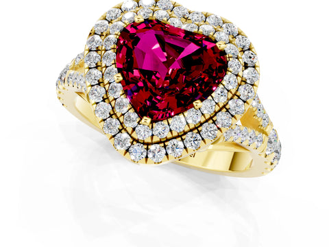 Yellow gold Heart Cut Garnet Double Halo Ring with Split Shank and Prong Setting_13
