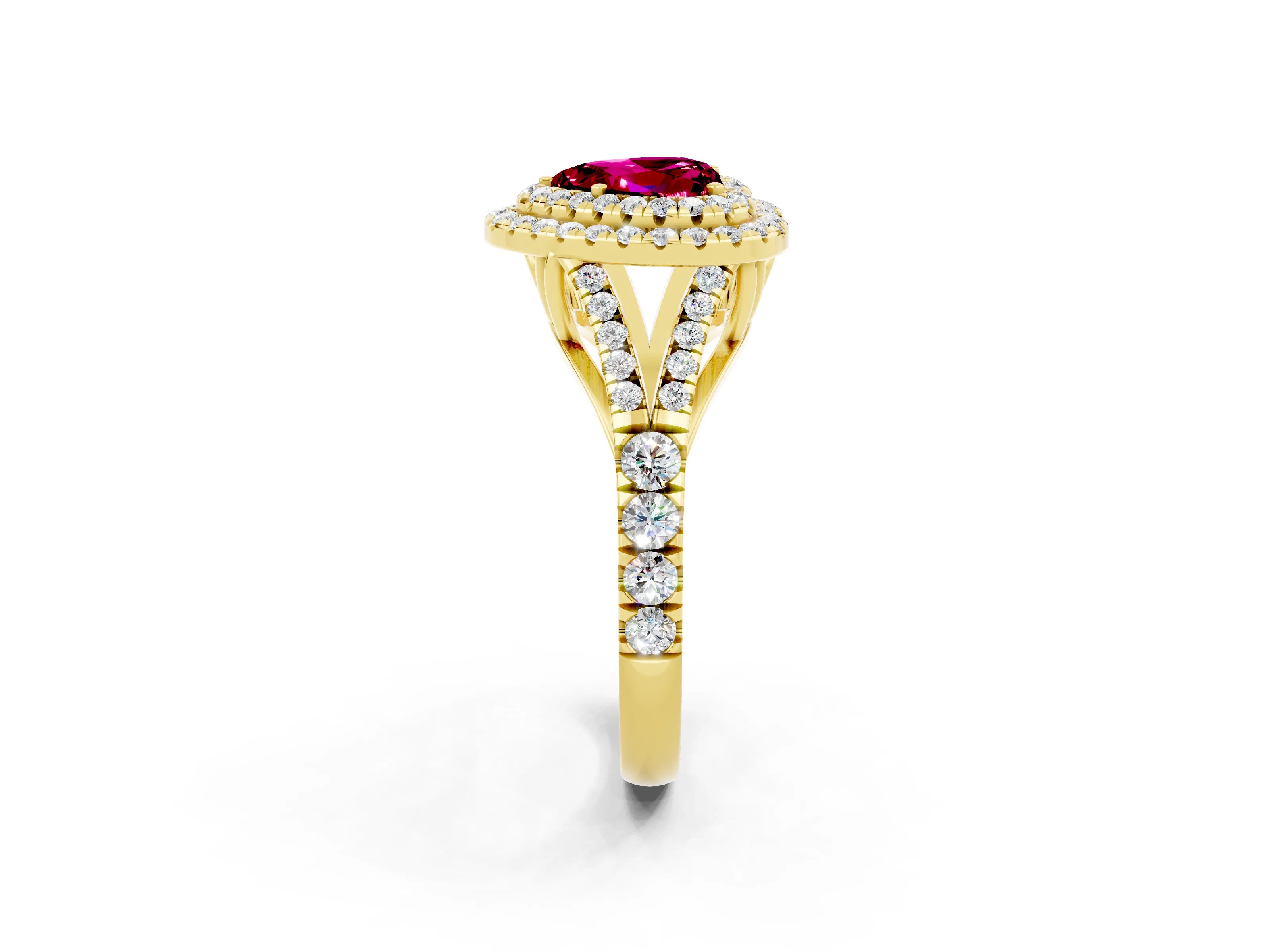 Yellow gold Heart Cut Garnet Double Halo Ring with Split Shank and Prong Setting_14
