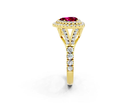 Yellow gold Heart Cut Garnet Double Halo Ring with Split Shank and Prong Setting_14