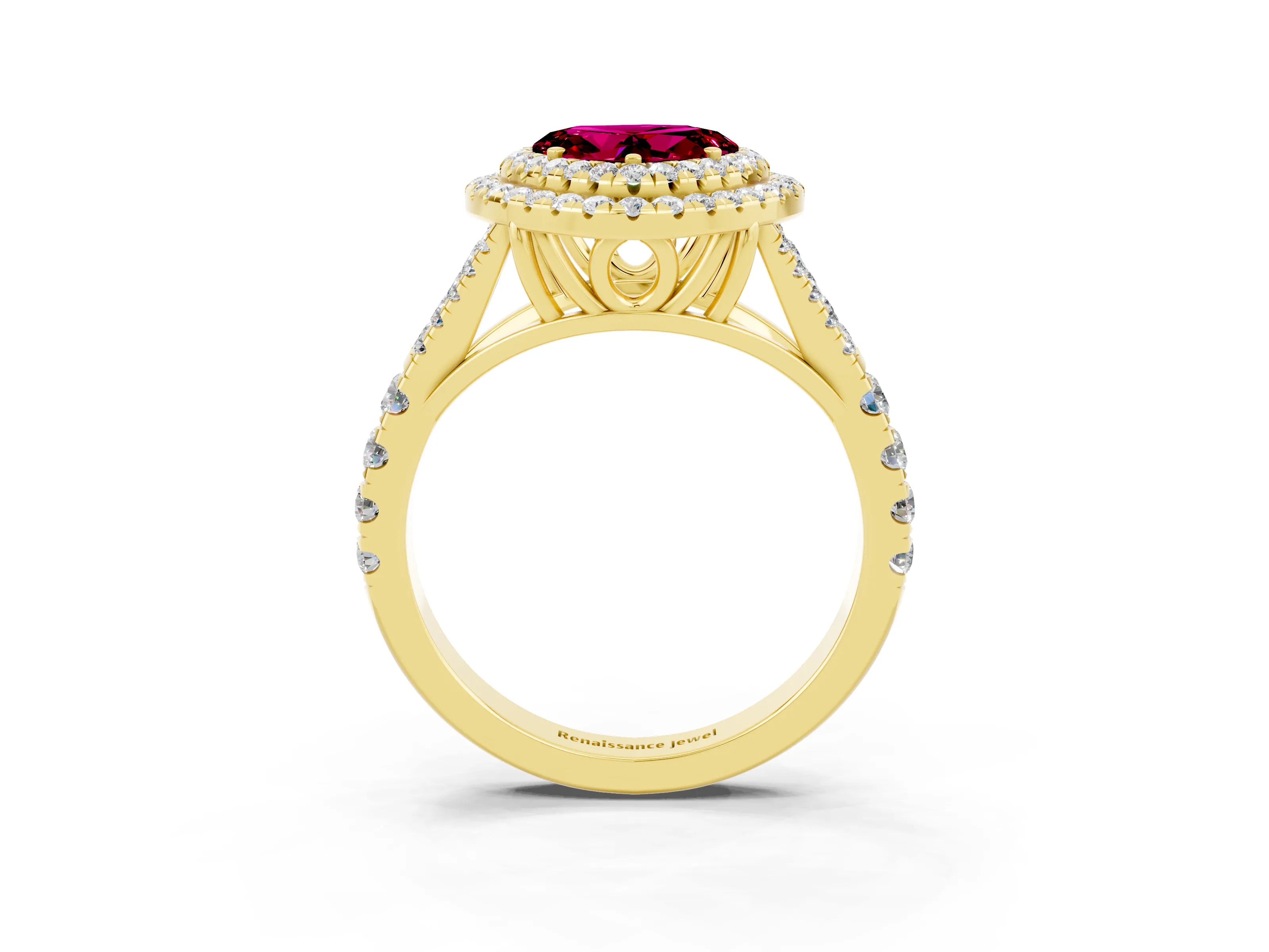 Yellow gold Heart Cut Garnet Double Halo Ring with Split Shank and Prong Setting_15