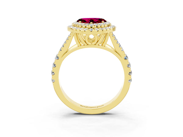 Yellow gold Heart Cut Garnet Double Halo Ring with Split Shank and Prong Setting
