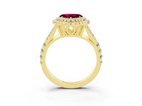 Yellow gold Heart Cut Garnet Double Halo Ring with Split Shank and Prong Setting_15