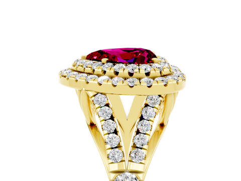 Yellow gold Heart Cut Garnet Double Halo Ring with Split Shank and Prong Setting_17
