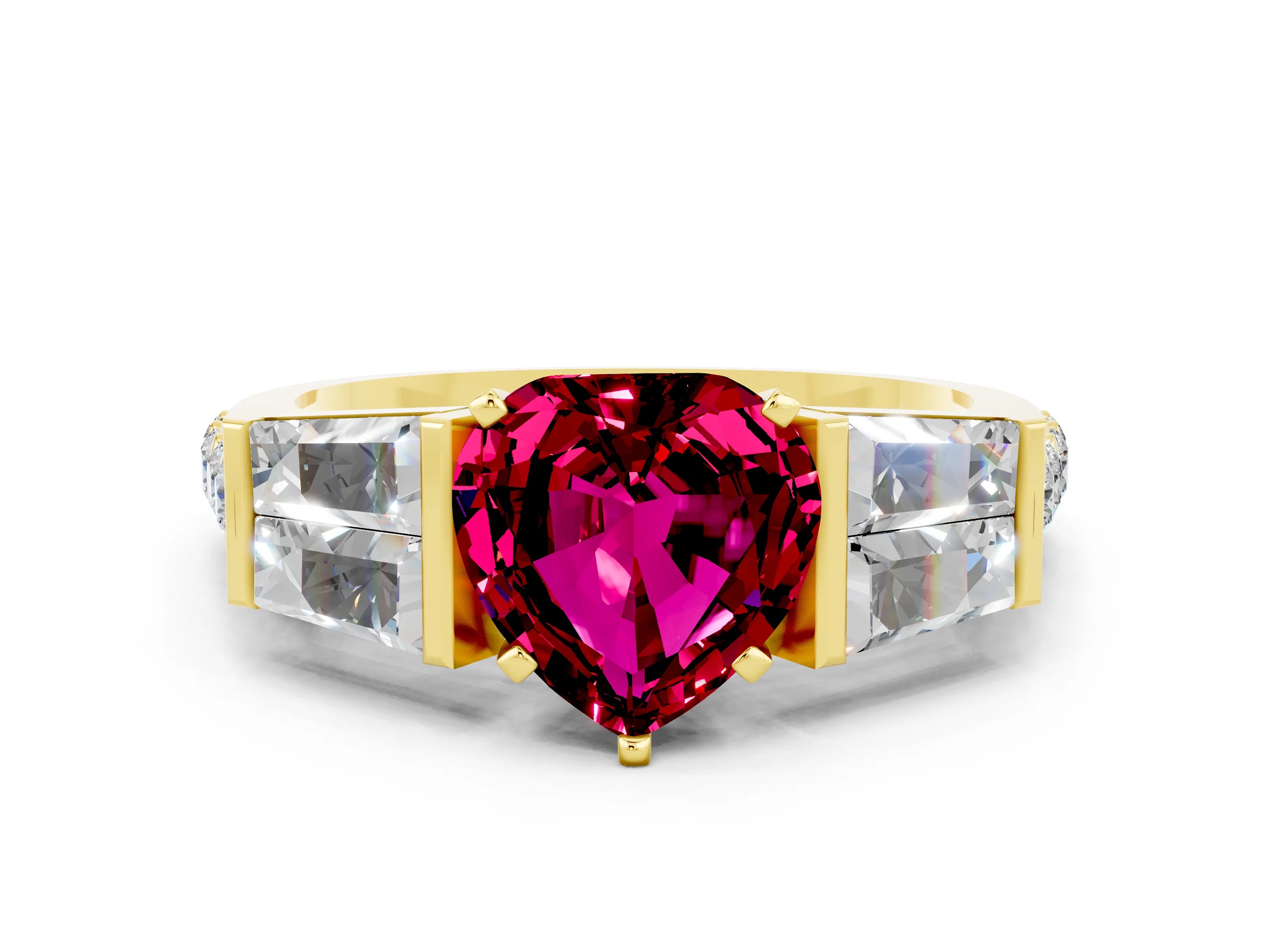 Yellow gold Heart Cut Garnet Engagement Ring with Baguette Side Stones and Channel Set Band