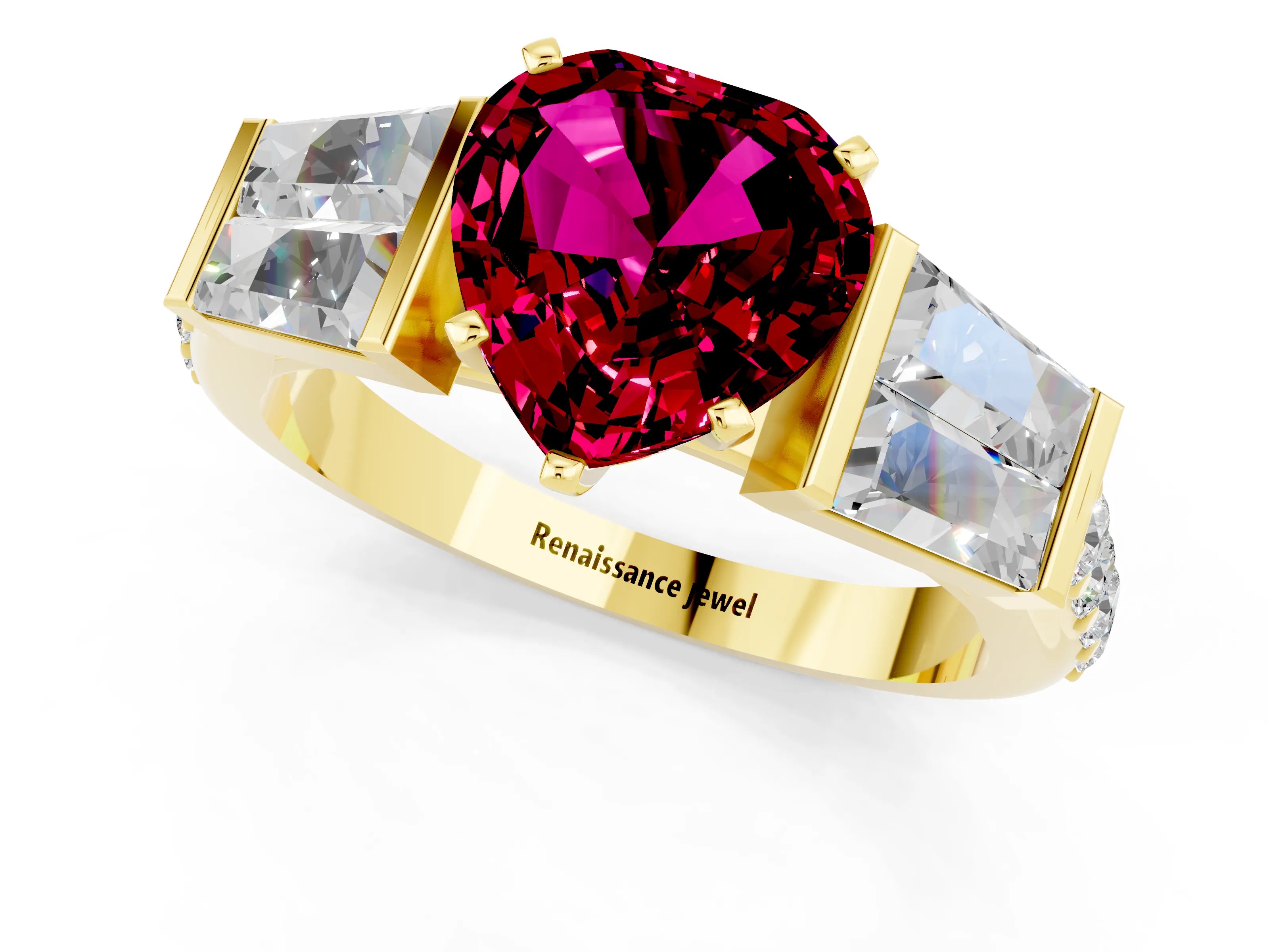 Yellow gold Heart Cut Garnet Engagement Ring with Baguette Side Stones and Channel Set Band_1