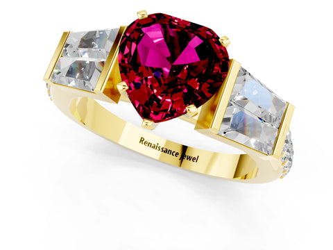 Yellow gold Heart Cut Garnet Engagement Ring with Baguette Side Stones and Channel Set Band_1