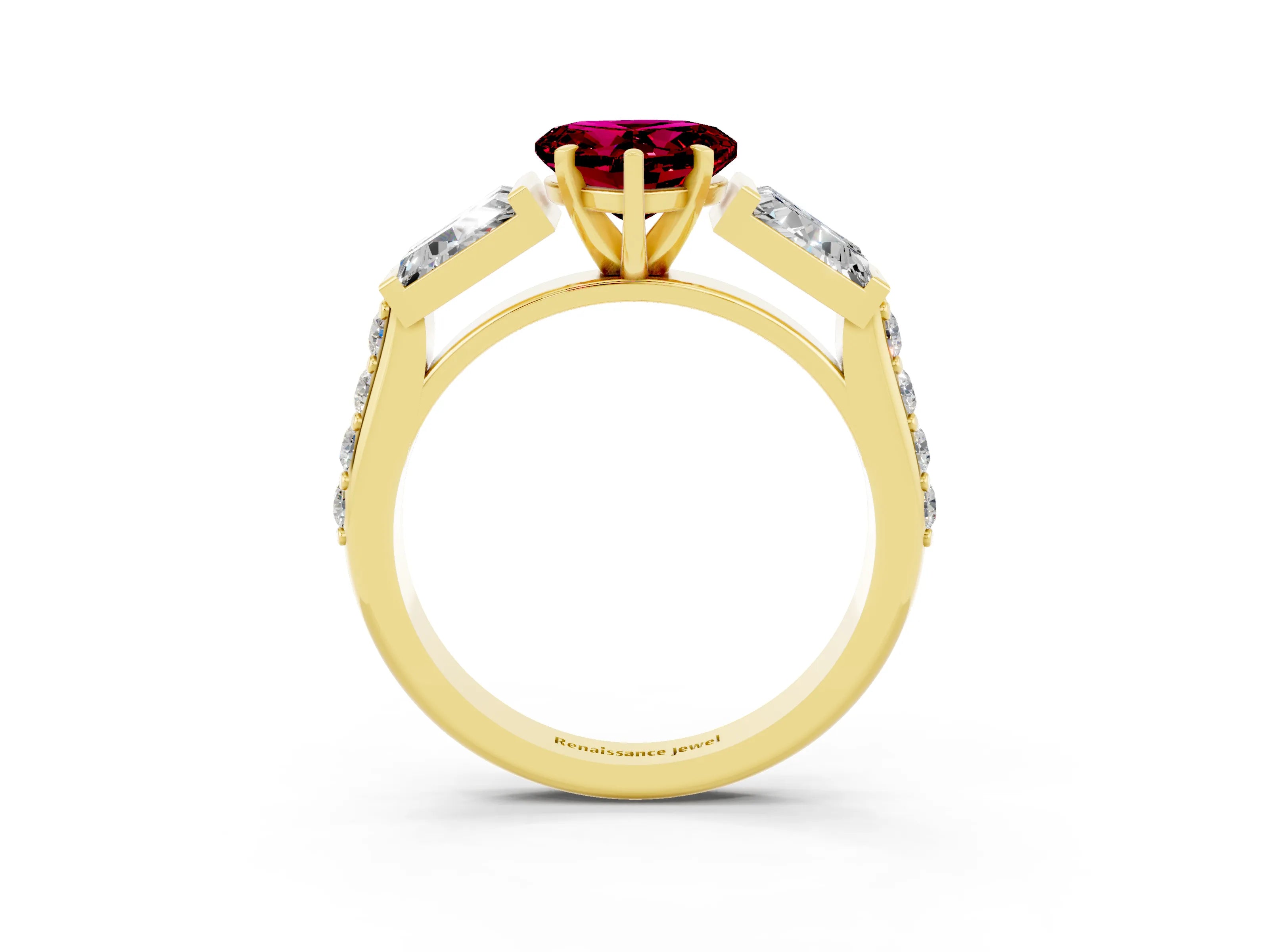 Yellow gold Heart Cut Garnet Engagement Ring with Baguette Side Stones and Channel Set Band_3