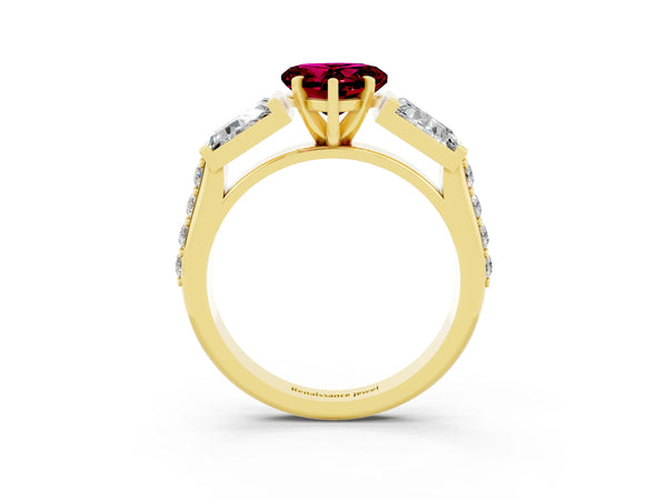 Yellow gold Heart Cut Garnet Engagement Ring with Baguette Side Stones and Channel Set Band