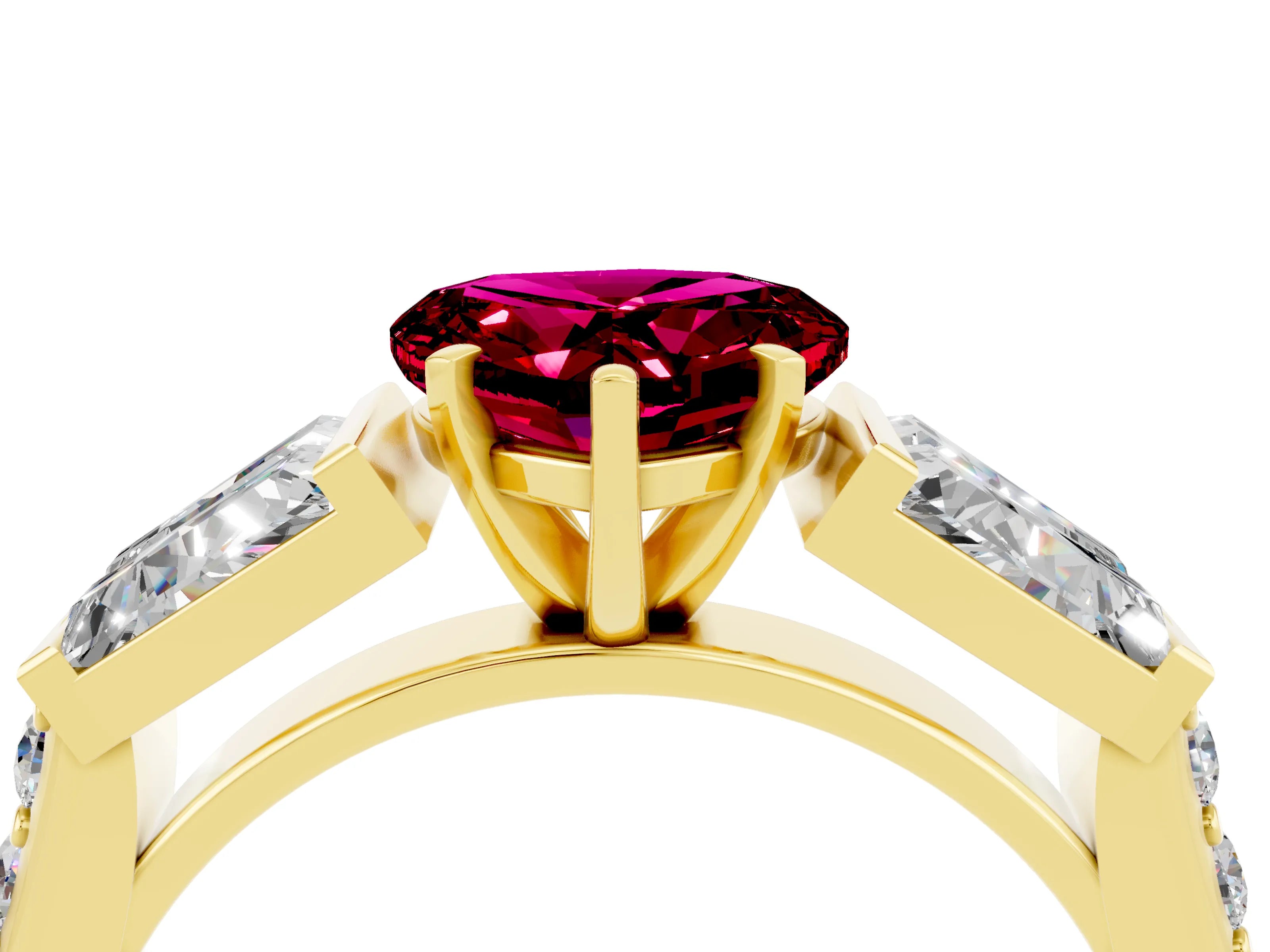 Yellow gold Heart Cut Garnet Engagement Ring with Baguette Side Stones and Channel Set Band_4