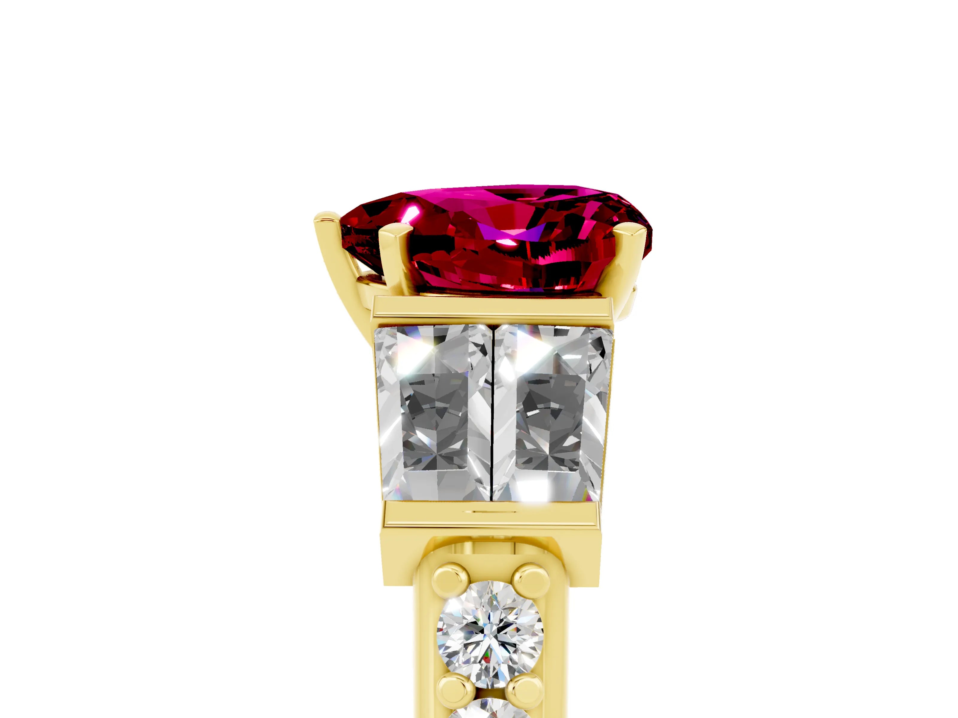 Yellow gold Heart Cut Garnet Engagement Ring with Baguette Side Stones and Channel Set Band_5