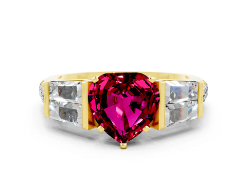 Yellow gold Heart Cut Garnet Engagement Ring with Baguette Side Stones and Channel Set Band
