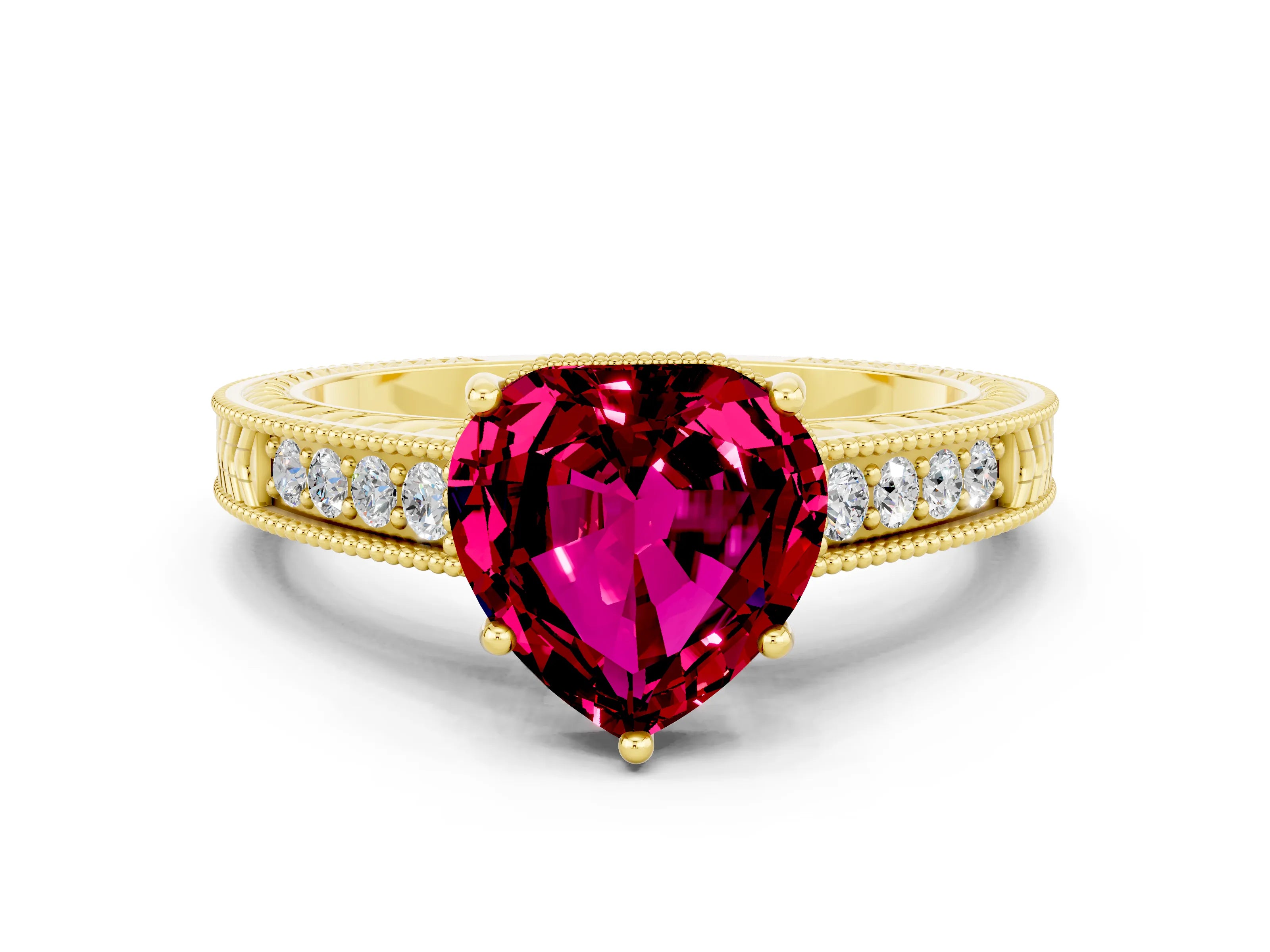 Yellow gold Heart Cut Garnet Engagement Ring with Milgrain Channel Set Band and Prong Setting