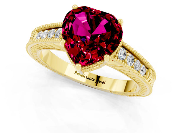 Yellow gold Heart Cut Garnet Engagement Ring with Milgrain Channel Set Band and Prong Setting
