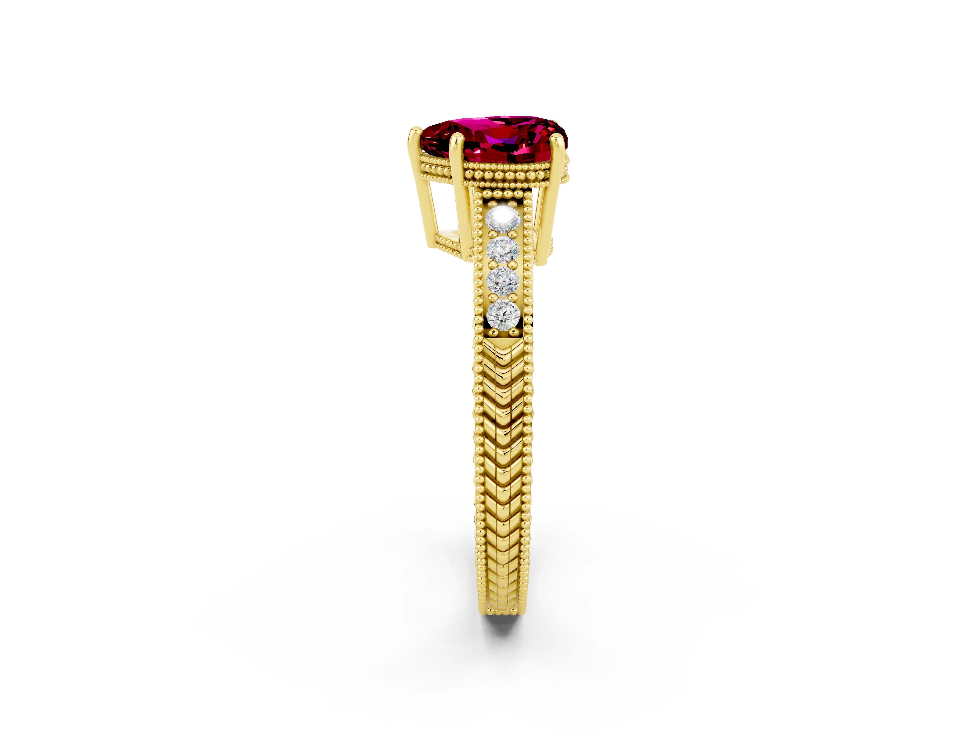 Yellow gold Heart Cut Garnet Engagement Ring with Milgrain Channel Set Band and Prong Setting_2