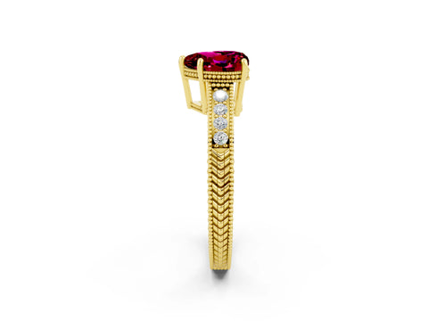 Yellow gold Heart Cut Garnet Engagement Ring with Milgrain Channel Set Band and Prong Setting_2