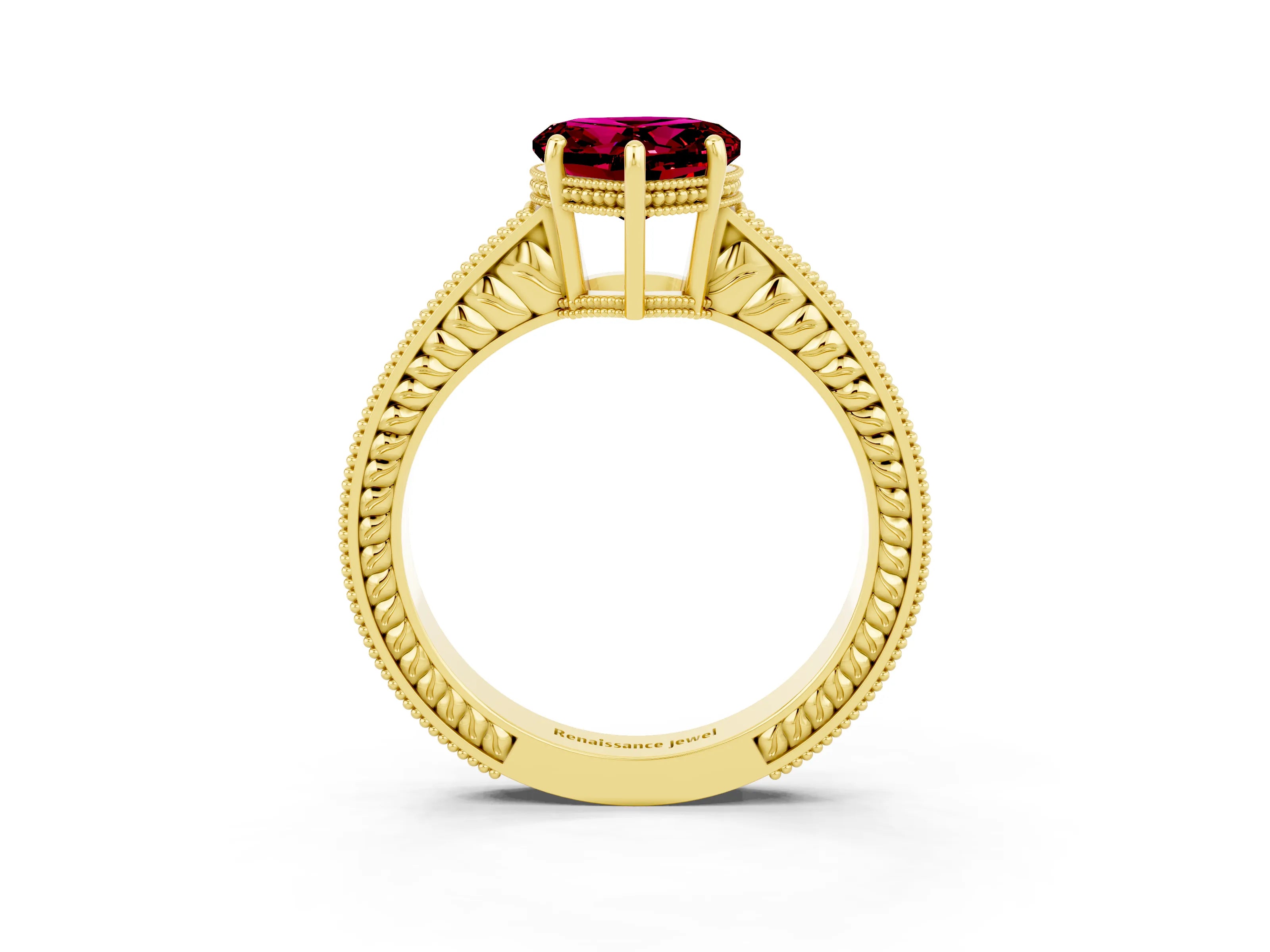 Yellow gold Heart Cut Garnet Engagement Ring with Milgrain Channel Set Band and Prong Setting_3