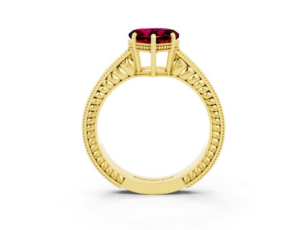 Yellow gold Heart Cut Garnet Engagement Ring with Milgrain Channel Set Band and Prong Setting