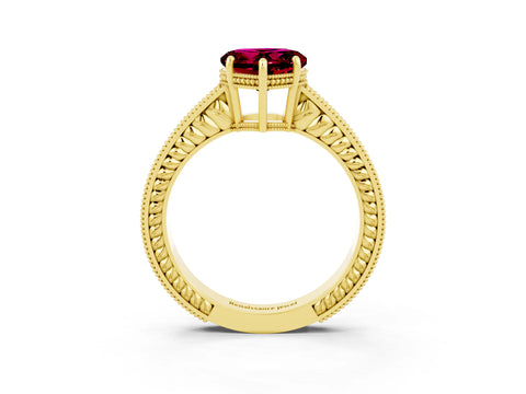 Yellow gold Heart Cut Garnet Engagement Ring with Milgrain Channel Set Band and Prong Setting_3