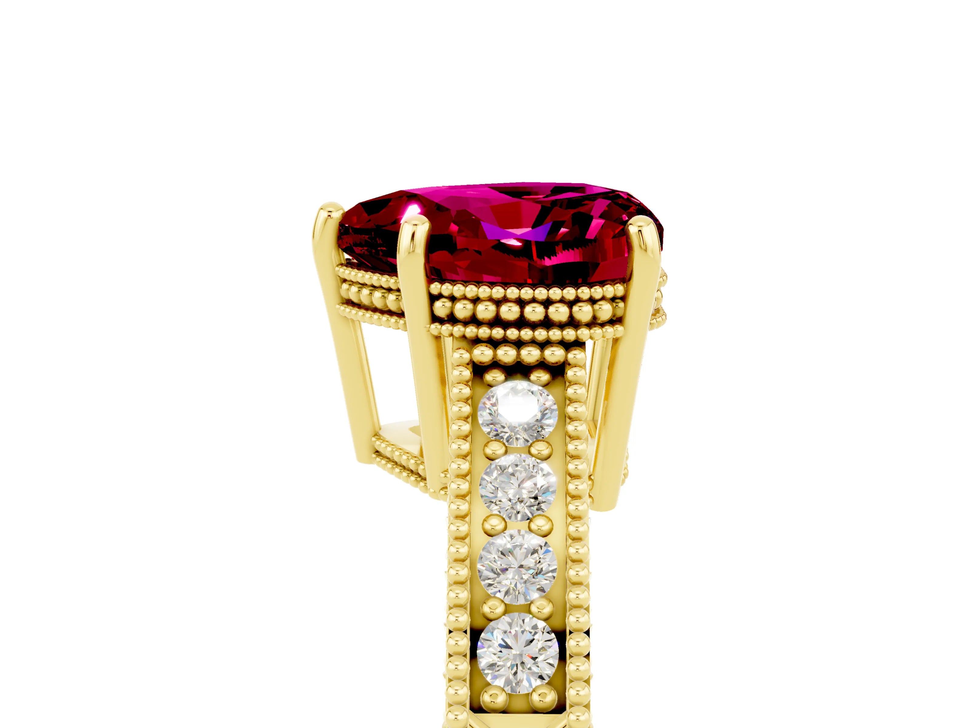 Yellow gold Heart Cut Garnet Engagement Ring with Milgrain Channel Set Band and Prong Setting_5