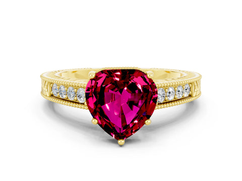 Yellow gold Heart Cut Garnet Engagement Ring with Milgrain Channel Set Band and Prong Setting