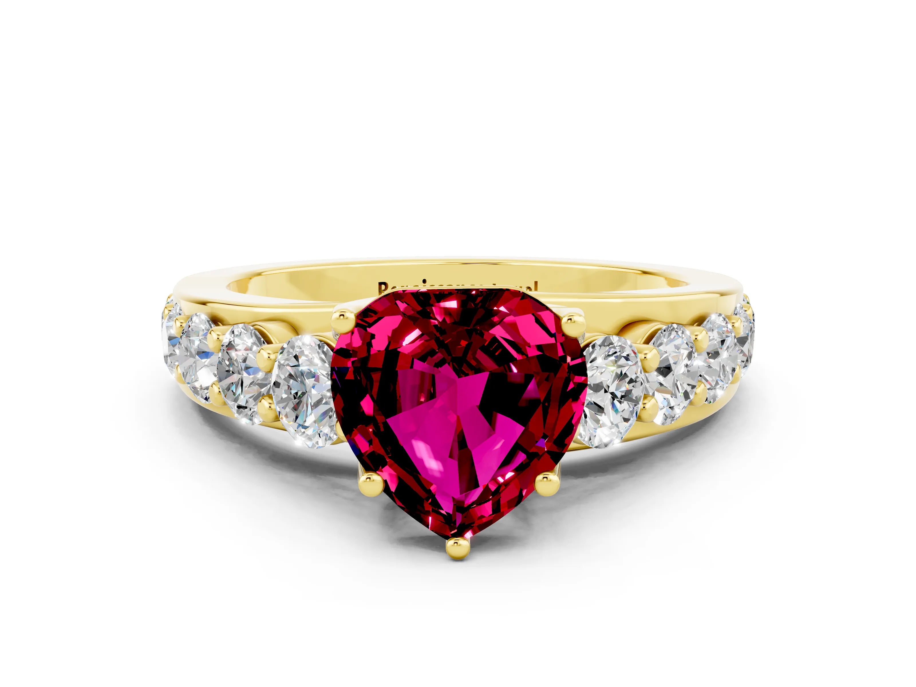 Yellow gold Heart Cut Garnet Engagement Ring with Pavé Band and Four-Prong Setting