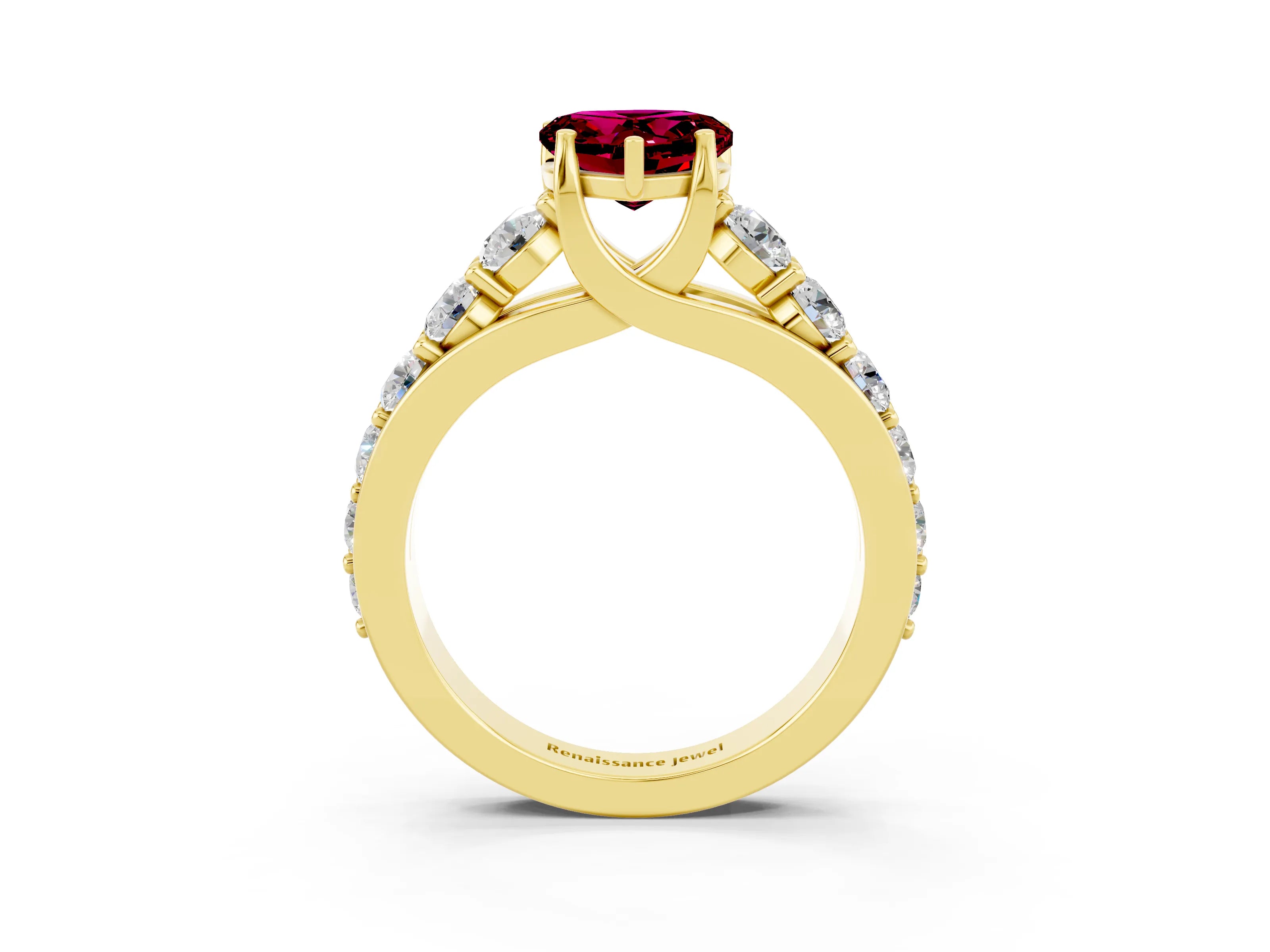 Yellow gold Heart Cut Garnet Engagement Ring with Pavé Band and Four-Prong Setting_3