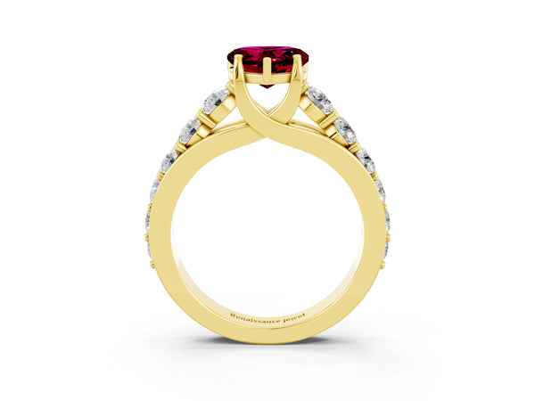 Yellow gold Heart Cut Garnet Engagement Ring with Pavé Band and Four-Prong Setting