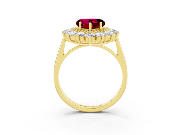 Yellow gold Heart Cut Garnet Floral Double Halo Engagement Ring with Prong Setting