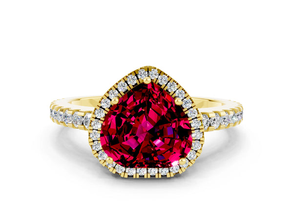 Yellow gold Heart Cut Garnet Halo Engagement Ring with Pavé Band and Prong Setting