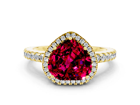 Yellow gold Heart Cut Garnet Halo Engagement Ring with Pavé Band and Prong Setting_12