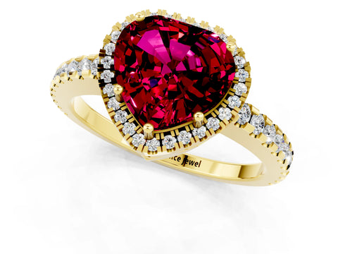 Yellow gold Heart Cut Garnet Halo Engagement Ring with Pavé Band and Prong Setting_13