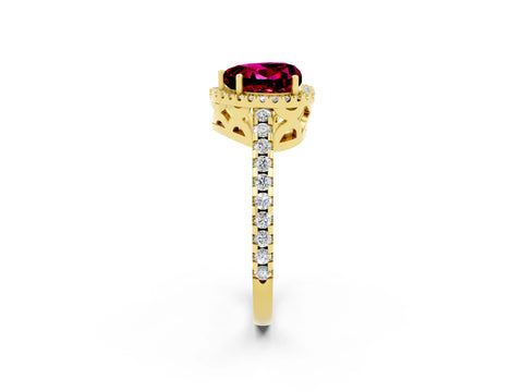 Yellow gold Heart Cut Garnet Halo Engagement Ring with Pavé Band and Prong Setting_14