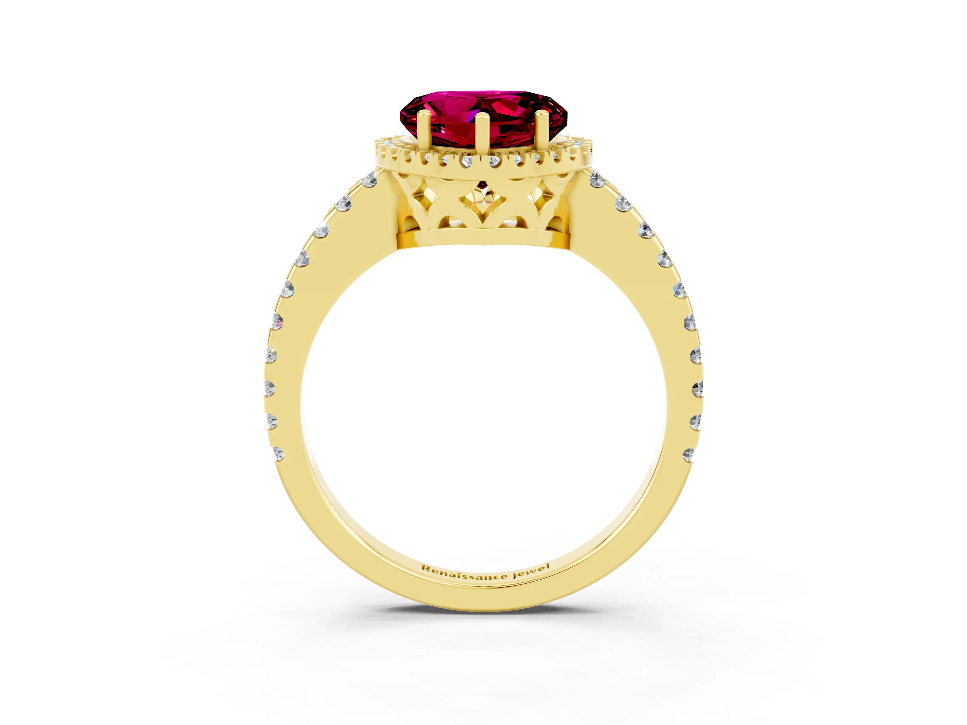 Yellow gold Heart Cut Garnet Halo Engagement Ring with Pavé Band and Prong Setting_15