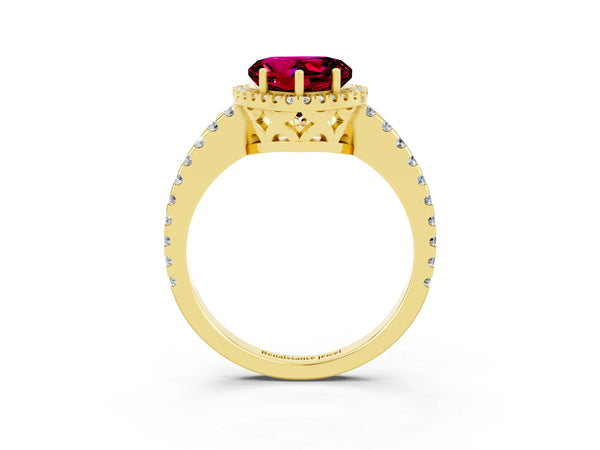Yellow gold Heart Cut Garnet Halo Engagement Ring with Pavé Band and Prong Setting