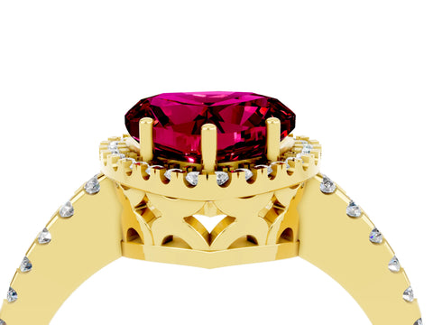 Yellow gold Heart Cut Garnet Halo Engagement Ring with Pavé Band and Prong Setting_16