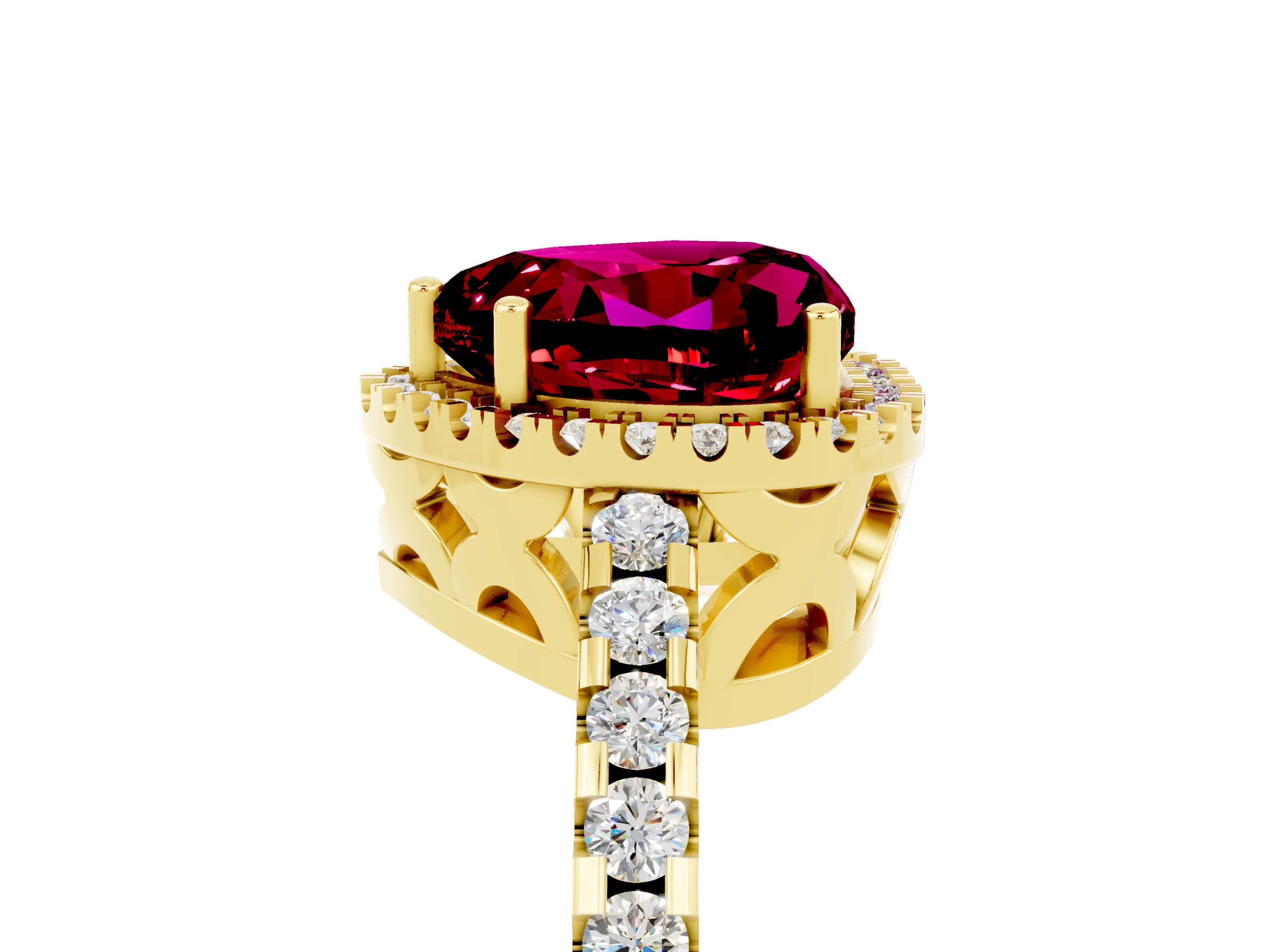 Yellow gold Heart Cut Garnet Halo Engagement Ring with Pavé Band and Prong Setting_17
