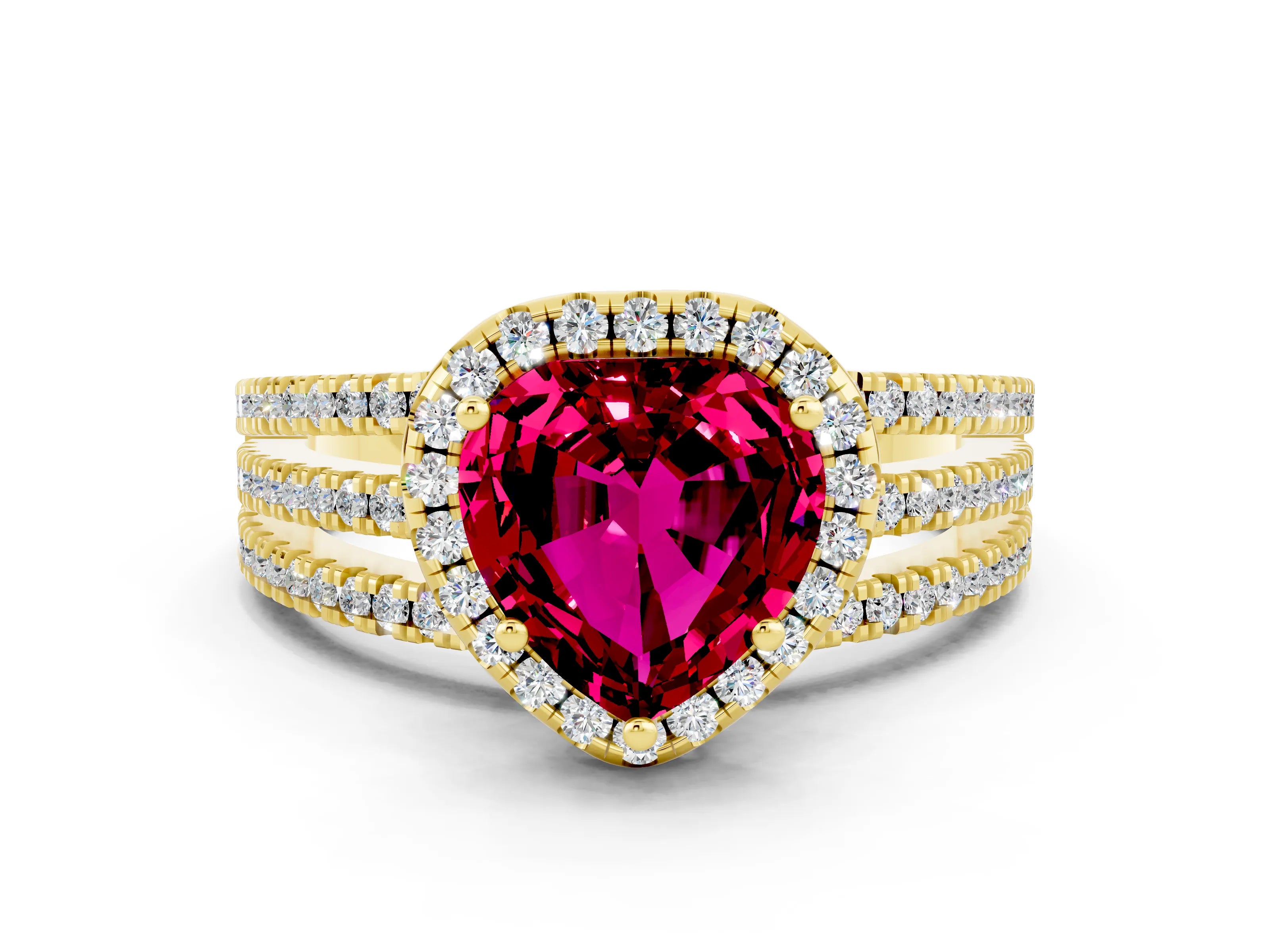 Yellow gold Heart Cut Garnet Halo Engagement Ring with Split Shank and Four-Prong Setting