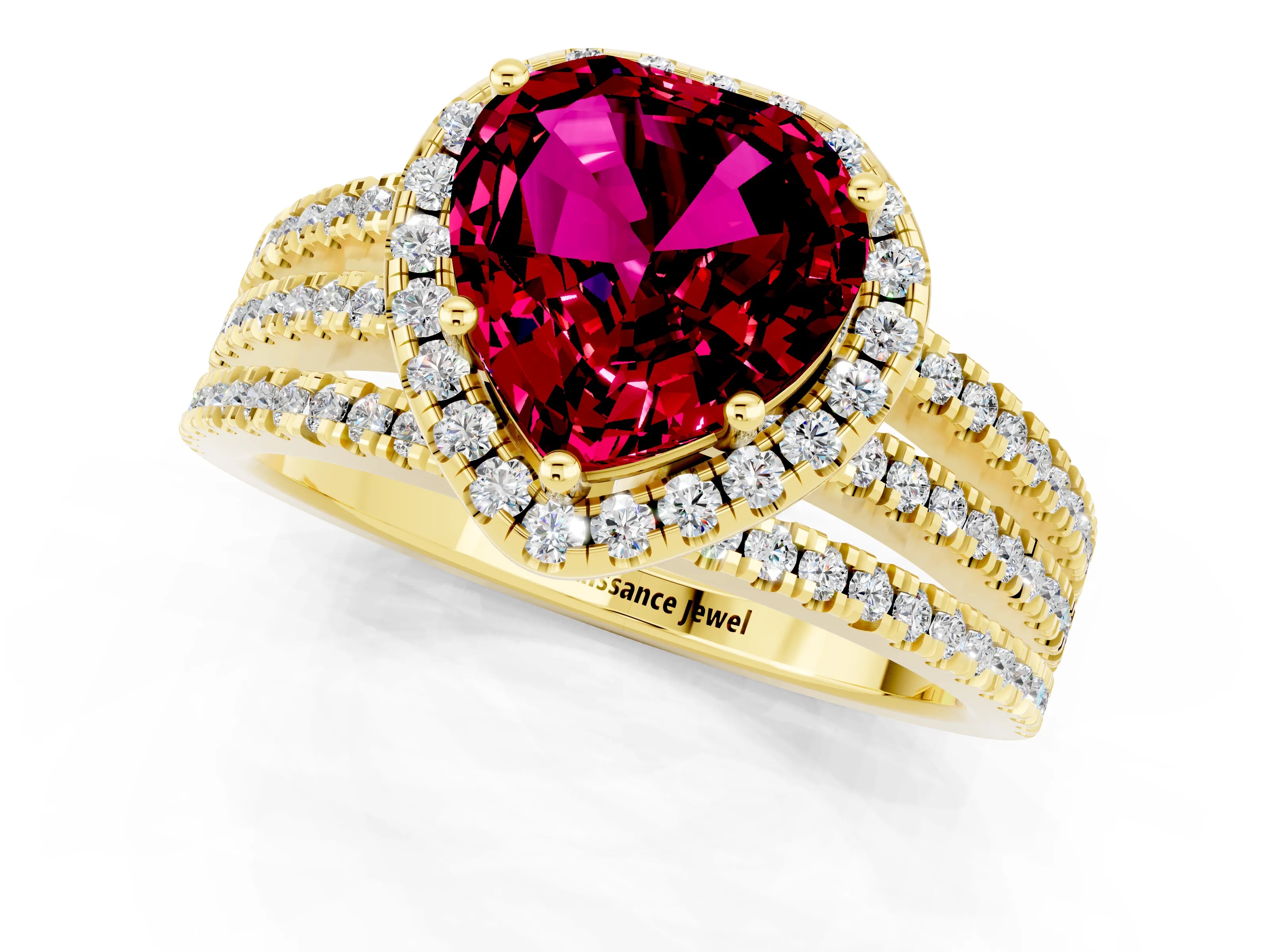 Yellow gold Heart Cut Garnet Halo Engagement Ring with Split Shank and Four-Prong Setting_1