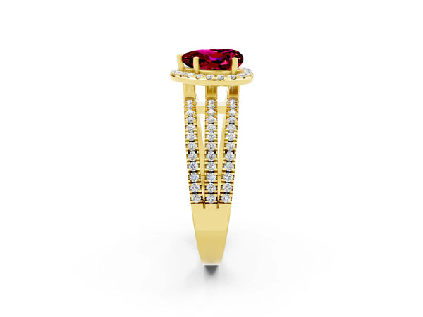 Yellow gold Heart Cut Garnet Halo Engagement Ring with Split Shank and Four-Prong Setting