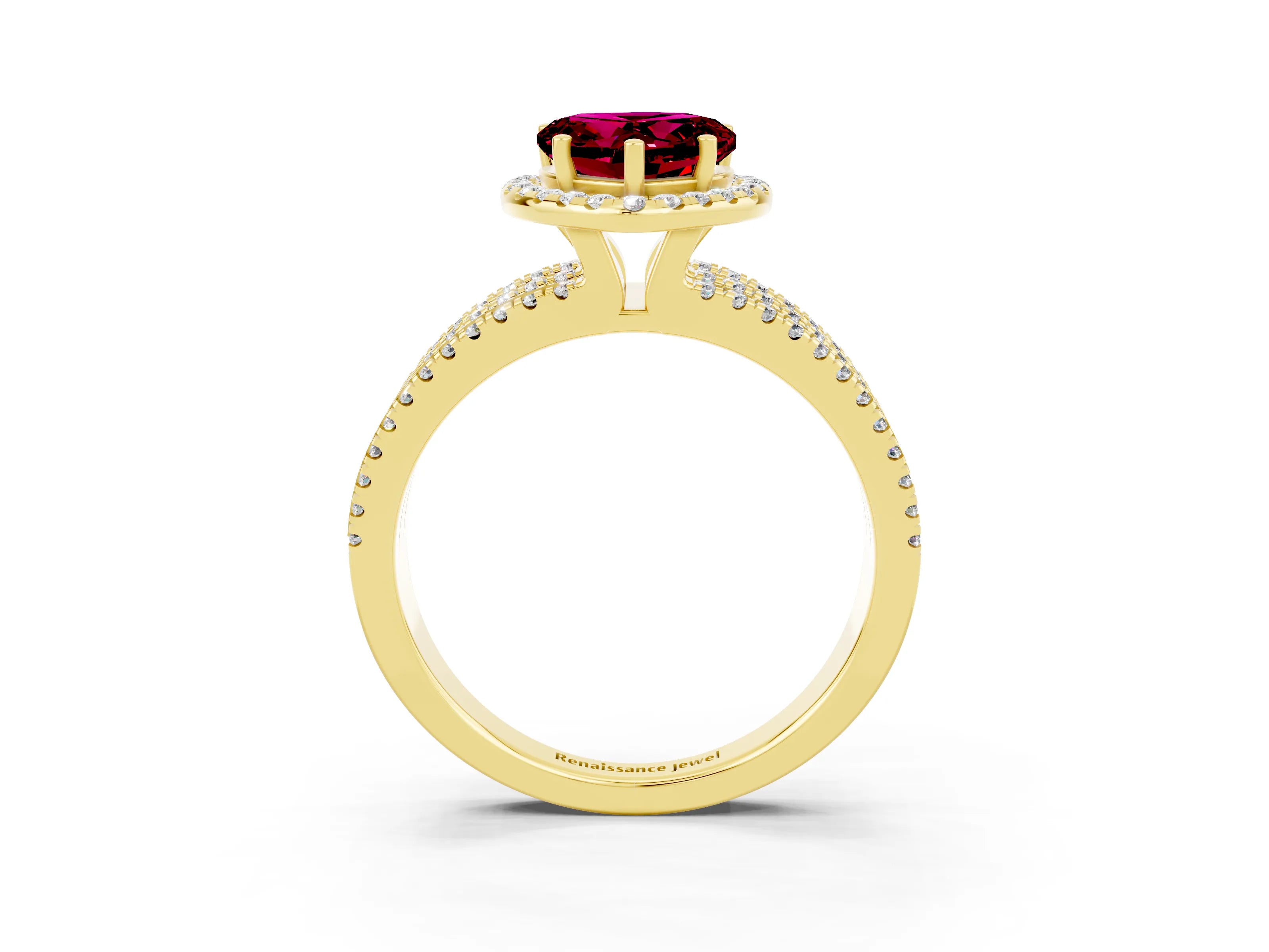 Yellow gold Heart Cut Garnet Halo Engagement Ring with Split Shank and Four-Prong Setting_3