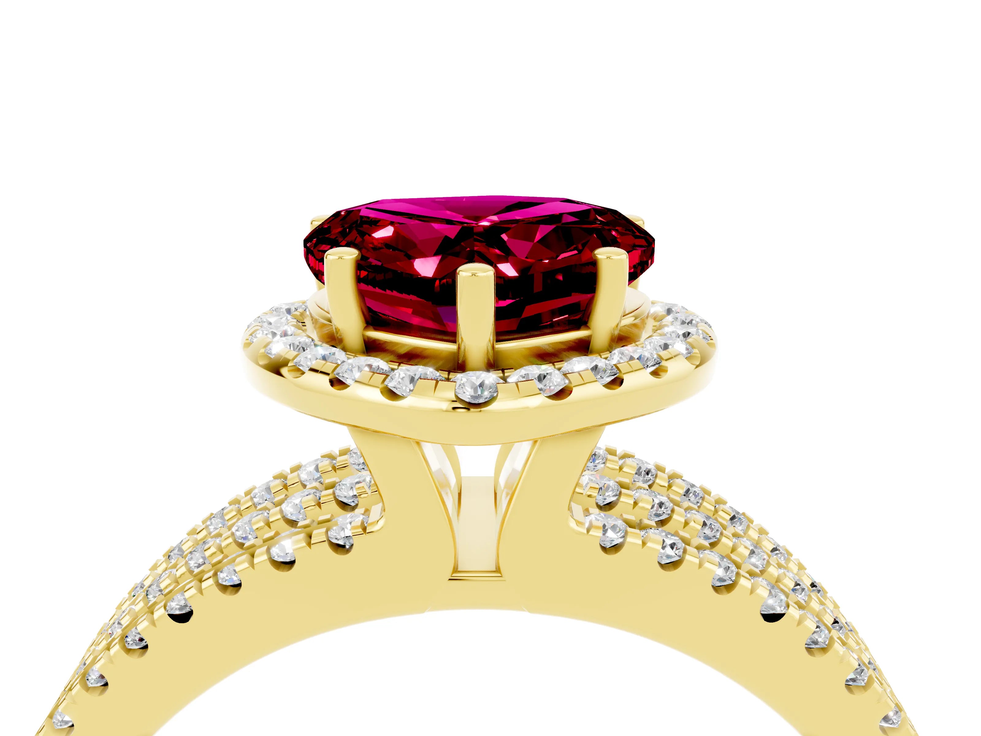 Yellow gold Heart Cut Garnet Halo Engagement Ring with Split Shank and Four-Prong Setting_4